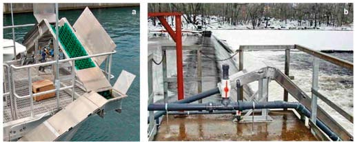 Obr. 10.37 Příklady výstupů převýšených nad hladinu nádrže Robert Moses na řece St. Lawrence (USA) a jezu Yaleville na řece Raquette (USA); zdroj Milieu Inc.