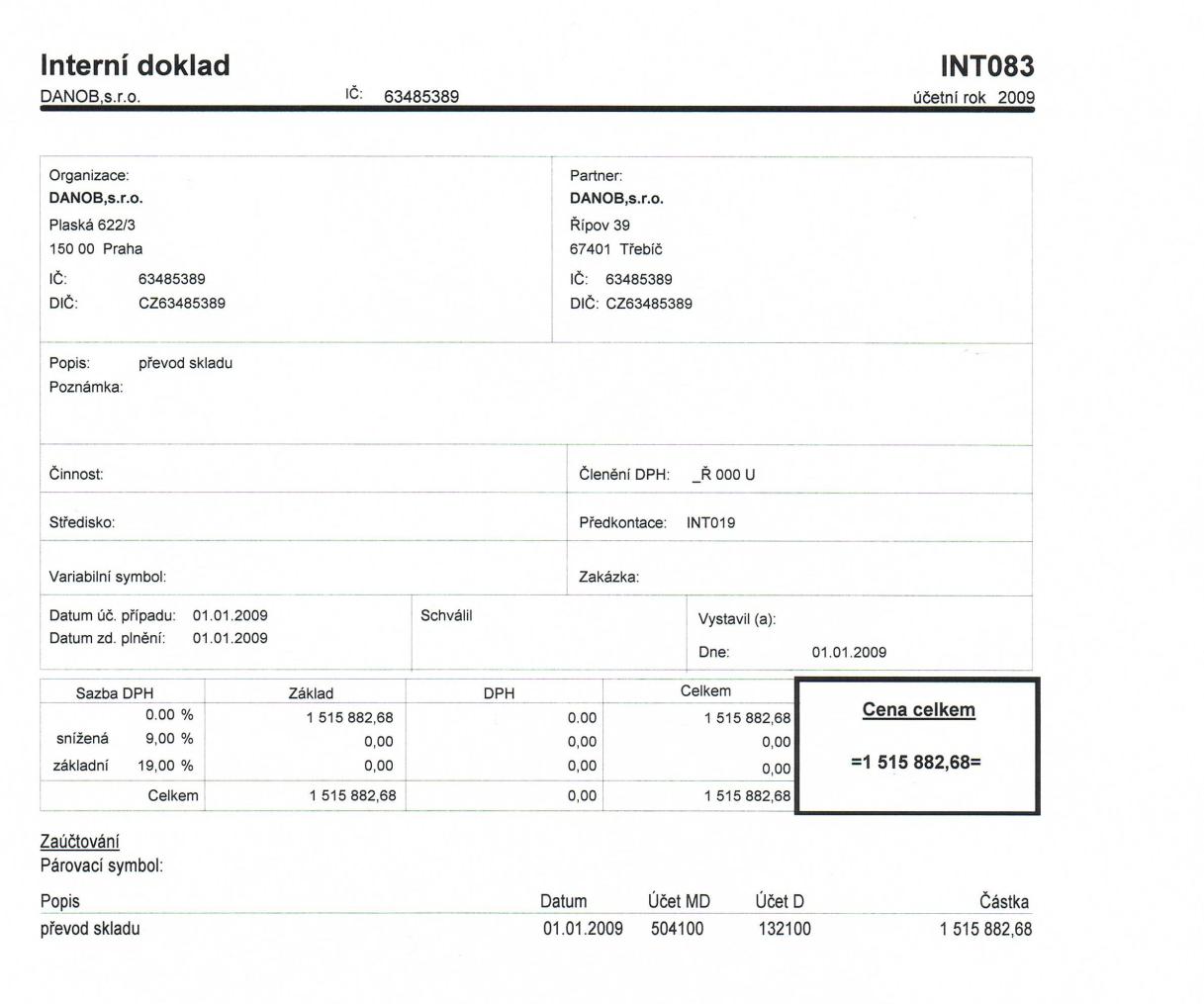 Obrázek č. 3: Interní doklad společnosti DANOB, s. r. o. převod skladu Podle vnitropodnikové směrnice o účetnictví je přirozená hladina úbytků a ztrát 2% z obrátky zásob. 2.1.