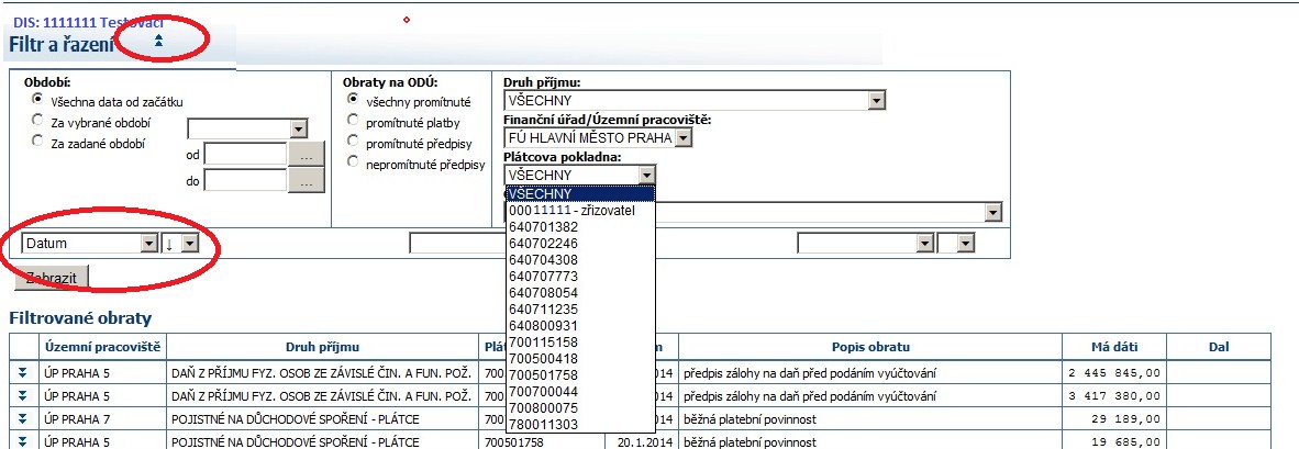 Informace o Zůstatku k určitému dni získáte po zadání požadovaného data do políčka pod názvem Účty daňové správy (např. 31. 12. 2009) a klepnete na Zůstatky ke dni.