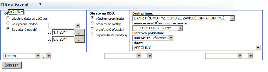 Kliknutím na Zobrazit se zobrazí tabulka všech obratů za dané období a současně saldo k datu jednotlivých obratů.