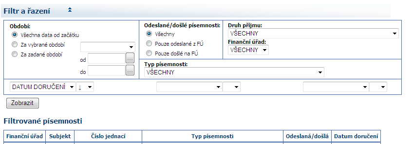 V přehledu jsou jednak písemnosti došlé na finanční úřad, tak písemnosti vystavené přímo správcem daně.