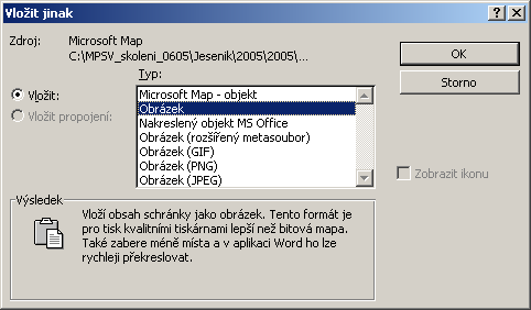 Obrázek 2: Dialogové okno pro vložení obrázku do MS Wordu Do Wordu se vloží objekt obrázek. Obrázek 3: