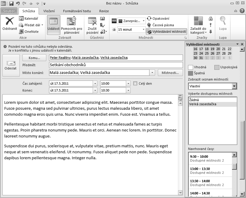 Delegování přístupu do kalendáře pro jiného uživatele Obrázek 6.4: Při plánování schůzky je vpravo dostupné vyhledávání místností.