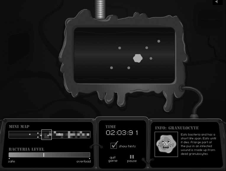 Image aplikace Pro základní navigaci slouží mapka (minimap); stav hry, počet bakterií (bacteria level); čas (time); ukončit hru (quit game); pauza (pause); informace o dané složce