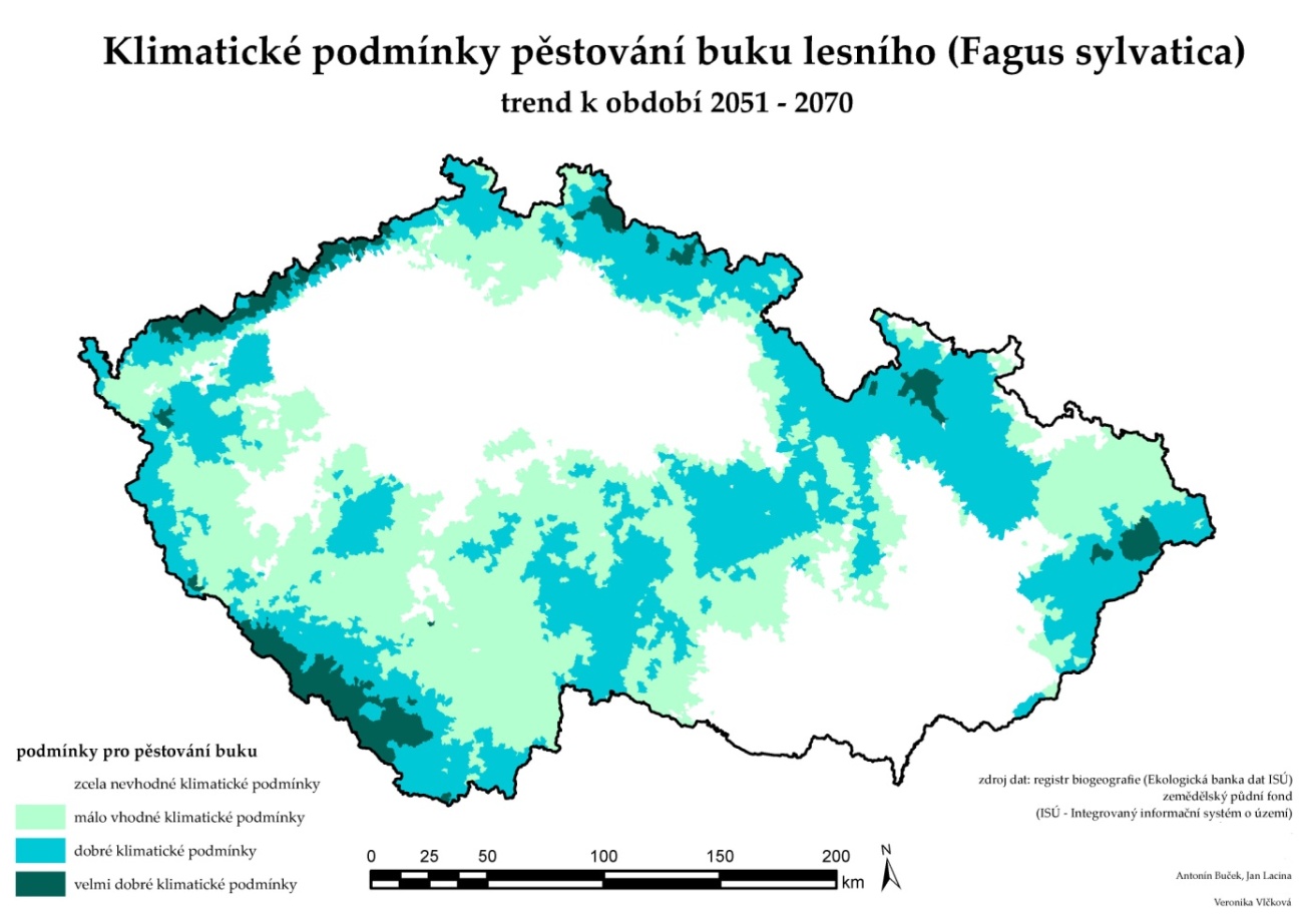 Acta Informatica Pragensia 85 Obr. 7. Náhled predikce stavu území ČR z hlediska vhodnosti pěstování buku lesního zhruba k období let 2051 2070. Zdroj: Autorka, Antonín Buček, Jan Lacina.