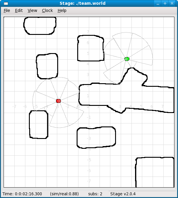 9.2. APLIKACE V OOPN A DEVS V MULTIAGENTNÍCH SYSTÉMECH 91 Obrázek 9.6: Simulátor Stage Obrázek 9.