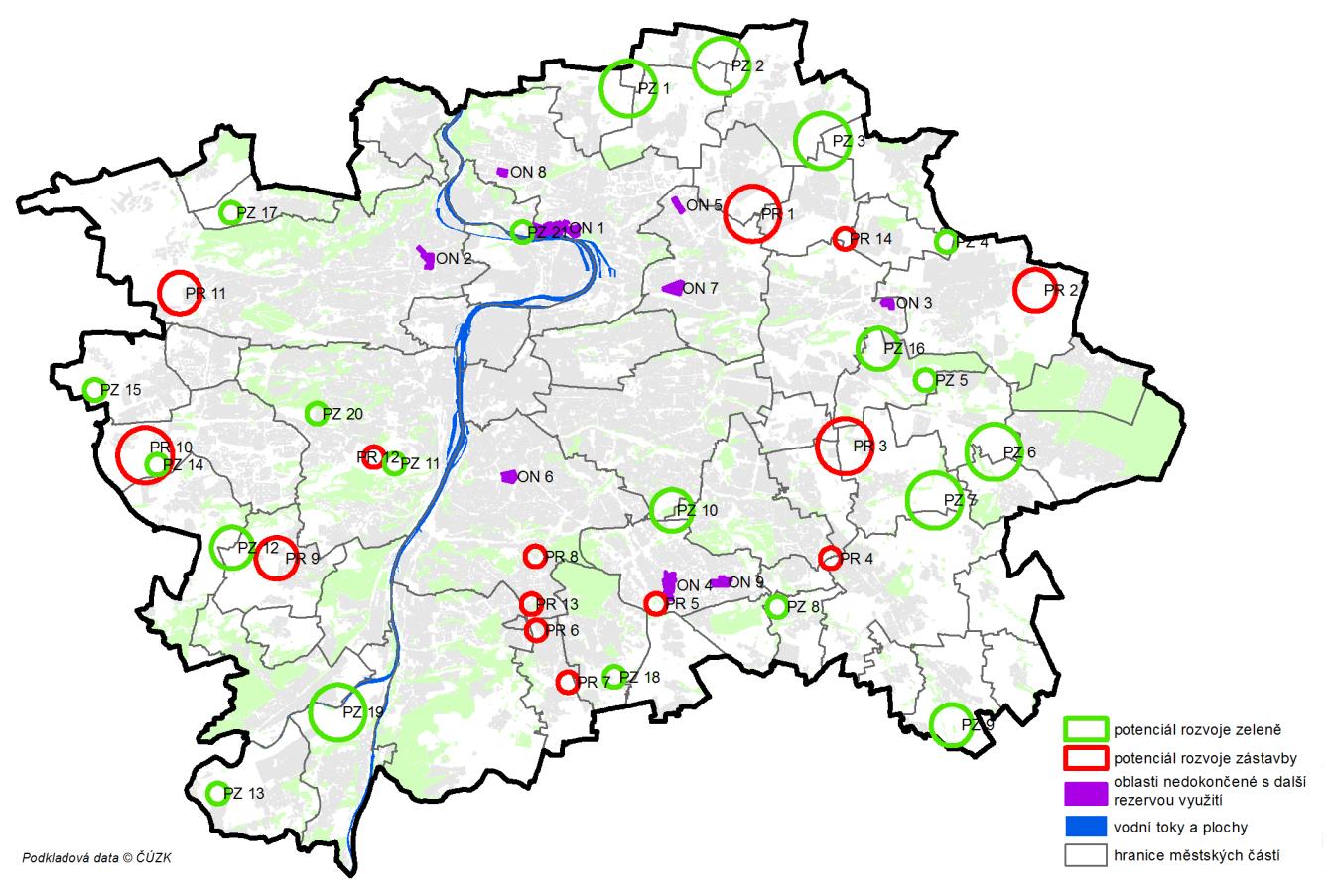 2.3 Využití území předměstí. Na území vnějšího pásma se nalézá 20 z 21 rozvojových území pro zeleň a rekreaci, které jsou v ÚAP sledovány.