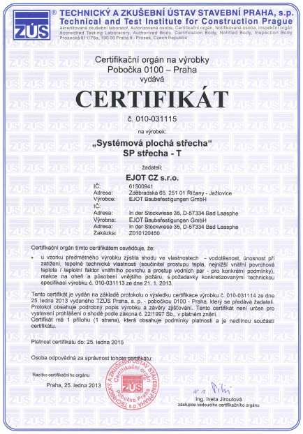Certifikát firmy EJOT CZ -SP