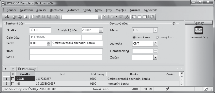 102 3 Nastavení 3 10 Účty zapište před zahájením vlastního účtování a nastavte výchozí účet v agendě Uživatelské nastavení/ Banka.