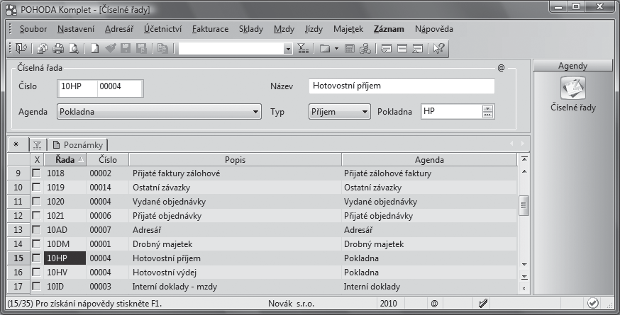 Ekonomický systém POHODA Příručka uživatele 103 3 / 11 Seznamy Číslo dokladu může být až desetimístné. Agendám, ve kterých definujeme seznamy hodnot pro použití v jiných agendách, říkáme Seznamy.