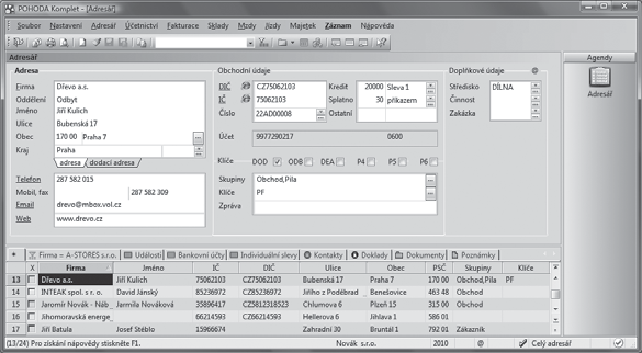 Ekonomický systém POHODA Příručka uživatele 111 Agenda Adresář vám umožňuje efektivně vytvářet, udržovat a využívat adresář obchodních partnerů a zákazníků.