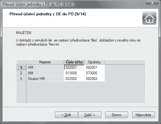 188 6 Účetnictví 6 11 188 Na dalších stranách průvodce nastavte účty k předkontacím z daňové evidence pro nezaplacené pohledávky a závazky z minulých let, pro které budou vygenerovány počáteční stavy.