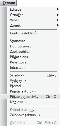 Objednávku zadáte do systému POHODA i v cizí měně, a to povelem Cizí měna z nabídky Záznam. Více informací najdete dále v této kapitole.