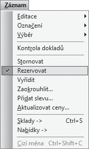 Ekonomický systém POHODA Příručka uživatele 199 Rezervace skladových zásob Skladové položky, které jsou vloženy do přijaté objednávky, můžete konkrétnímu odběrateli rezervovat stejnojmenným povelem z