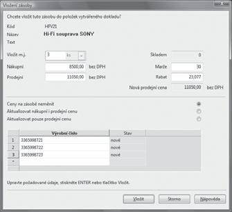 Ekonomický systém POHODA Příručka uživatele 257 Nemáte-li zatrženou volbu Dialogové okno při vložení zásoby, POHODA vás při výběru konkrétní skladové zásoby přepne do agendy Evidenční čísla, ve které