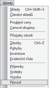 8 / 12 Převod 8 12 265 Agenda slouží pro převod skladových zásob mezi jednotlivými sklady.