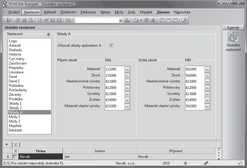 Ekonomický systém POHODA Příručka uživatele 281 Sklady A Zatržením volby Účtování skladů způsobem A povolíte v účetnictví účtování skladové evidence způsobem A.