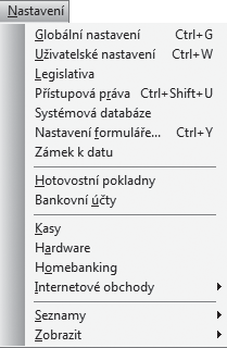 28 1 Úvod 1 9 28 Zavřít agendu Zavřít vše Konec Nabídka Nastavení Zavře agendu Zavře všechny otevřené agendy Ukončí aplikaci Název Popis Klávesa Strana Globální nastavení Otevře nastavení účetní