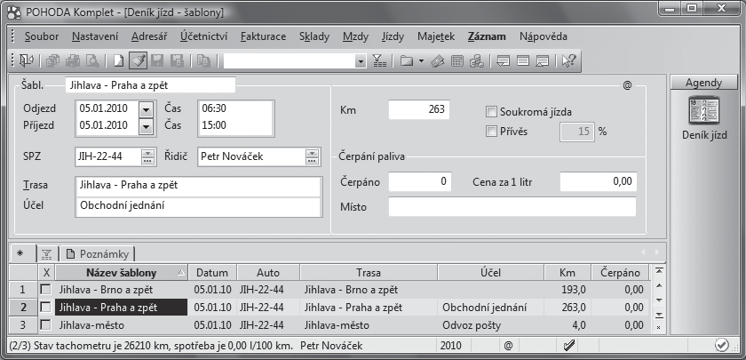 Ekonomický systém POHODA Příručka uživatele 319 10 /3 Jízdy CTRL+J Otevře evidenci jízd. Agenda Jízdy slouží k zápisu jednotlivých jízd motorových vozidel.