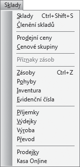 32 1 Úvod 1 9 32 Nabídka Sklady Název Popis Klávesa Strana Sklady Otevře agendu pro založení CTRL+SHIFT+S 237 a výběr skladů Členění skladů Otevře agendu pro vytváření 237 a úpravy členění skladů