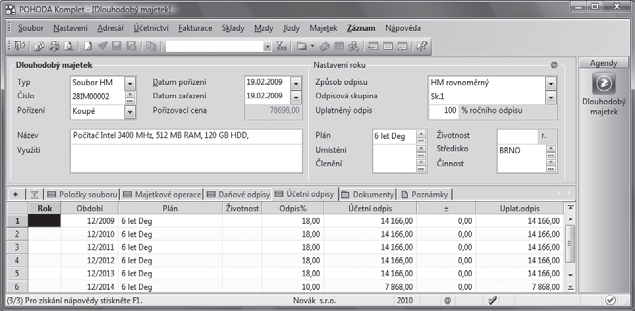 330 11 Majetek 11 2 330 Při změně účetního období nebo koncového data hospodářského období jsou odpisy přepočítány, přeneseny do majetkových operací a zaúčtovány do deníku.