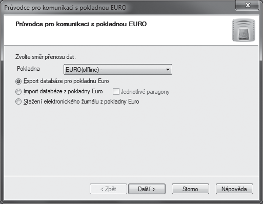 348 12 Datová komunikace 12 2 348 Pomocí třetí volby na první straně průvodce, tedy Stažení elektronického žurnálu z pokladny Euro (volba je přístupná pouze u pokladen Euro 2500 TX, Euro 2000 TE a
