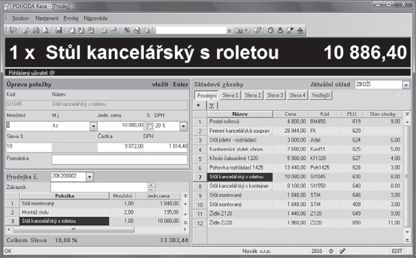 Ekonomický systém POHODA Příručka uživatele 387 v poli vedle celkové částky dokladu. Zadanou procentní slevu uložíte stiskem klávesy TAB nebo ENTER.