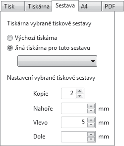 Záložka Tisk Úvodní strana dialogového okna slouží především k nastavení parametrů tisku zvolené sestavy. Při procházení seznamem sestav se její obsah v dolní části dynamicky mění.