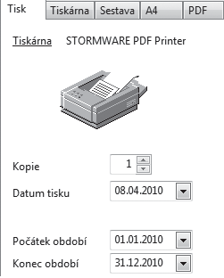 2 8 71 Dole je uveden přednastavený počet kopií pro vybranou sestavu a datum tisku. Datum tisku u některých sestav (např. Účetní deník, Inventura atd.) definuje konec období, ke kterému je tištěna.