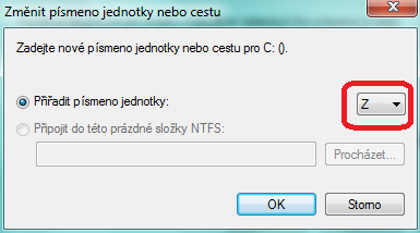 vytvořeného. 1.5. Změna označení jednotky přidělte novému svazku písmeno Z. 1.5.1. Pravým tlačítkem vyberte Změnit písmeno jednotky a cestu.