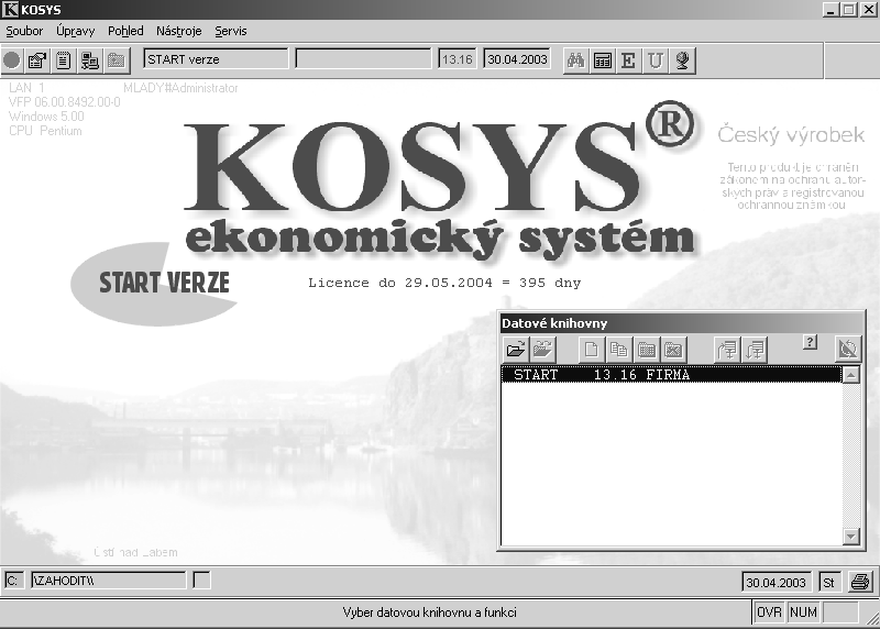 5 3. Spuštění Po první instalaci z CD KOSYS spustíte z nabídky "Start", "Programy", "KOSYS". Na tomto místě také naleznete program Kalkulačka a Telefonní seznam.