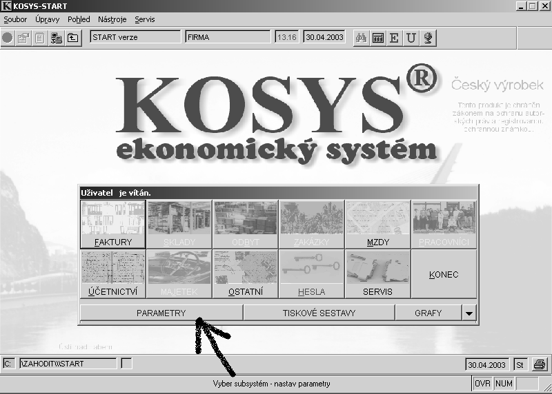 6 4. Pracujeme v KOSYSu 4.1. Nastavení parametrů Vstup do datové knihovny provedete klávesou ENTER nebo ikonou Jednouživatelský vstup.