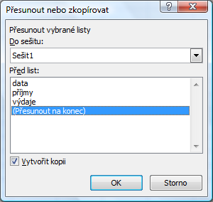 Jestliže při celém přesunu budete držet klávesu Ctrl, tak list nejenom přesunete, ale i zároveň zkopírujete. Objeví se druhý list se stejným názvem, ale verze (2), například výdaje(2).