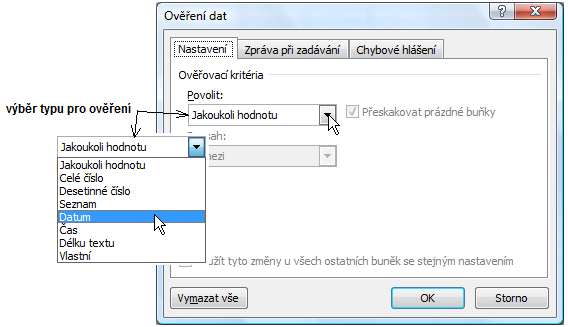 Jak se ověřování dat nastaví Ověřování dat se vždy nastavuje pro určitou oblast buněk, proto si nejprve označte buňky, pro které chcete ověření nastavit.