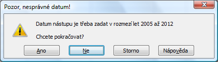 Pokud zvolíte Varování, pak se zobrazí tři možnosti: Ano i neplatná data se zadají do buňky Ne kurzor se vrátí do buňky k dalším úpravám Storno v buňce se obnoví předchozí hodnota.