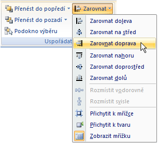 Klepnutím na ni se otevře nabídka pro výběr vhodného uspořádání či rozmístnění Zarovnat doleva, Zarovnat dolů, Rozmístnit vodorovně, Rozmístnit svisle, ).