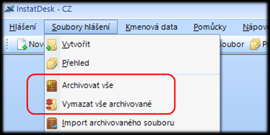 - přehled hlášení, přehled souboru a související dialogy/tiskové sestavy rozšířeny o zobrazení