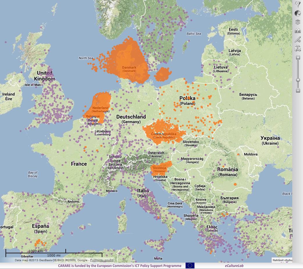 mapa záznamů CARARE interaktivní mapa lokalizace digitálních záznamů z projektu CARARE