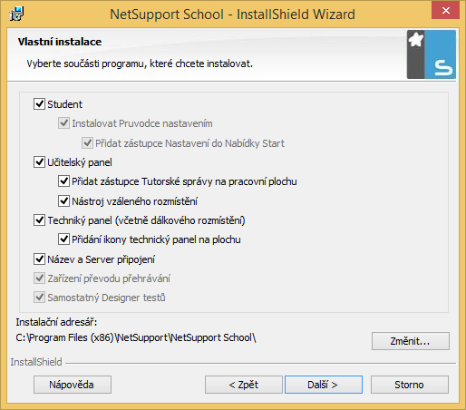 V případě volby Vlastní instalace se zobrazí následující okno.