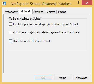 Konfigurace instalačního balíku Po výběru příkazu NetSupport School balík a klepnutí na příkaz Vlastnosti se zobrazí další okno s pěti záložkami, na kterých máte možnost podrobně upravit, jak se bude