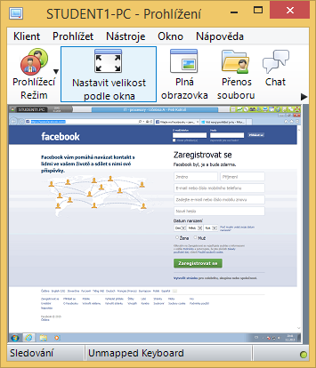 Plná obrazovka Tento příkaz se používá k zobrazení pracovní plochy studenta přes celou obrazovku monitoru učitele, takže vidíte skutečnou velikost plochy.