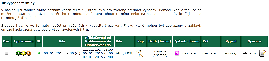 Poslední částí jsou doplňující informace k termínu: Poznámka zde máte možnost uvést některé dodatečné informace k termínu. Způsob výuky termín je možné vypsat pro určité způsoby výuky předmětu. Min.