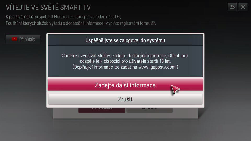 V případě, že chcete být automaticky přihlašováni do LG Smart World po zapnutí TV, zaškrtněte položku Aut. přihlášení. Potom klikněte na tlačítko Přihlásit.