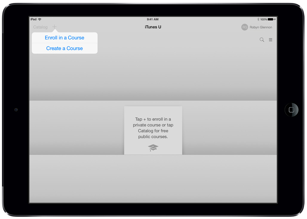2 Začínáme Pro začátek si stáhněte bezplatnou aplikaci itunes U. Nový kurz vytvoříte klepnutím na + a výběrem možnosti Vytvořit kurz.