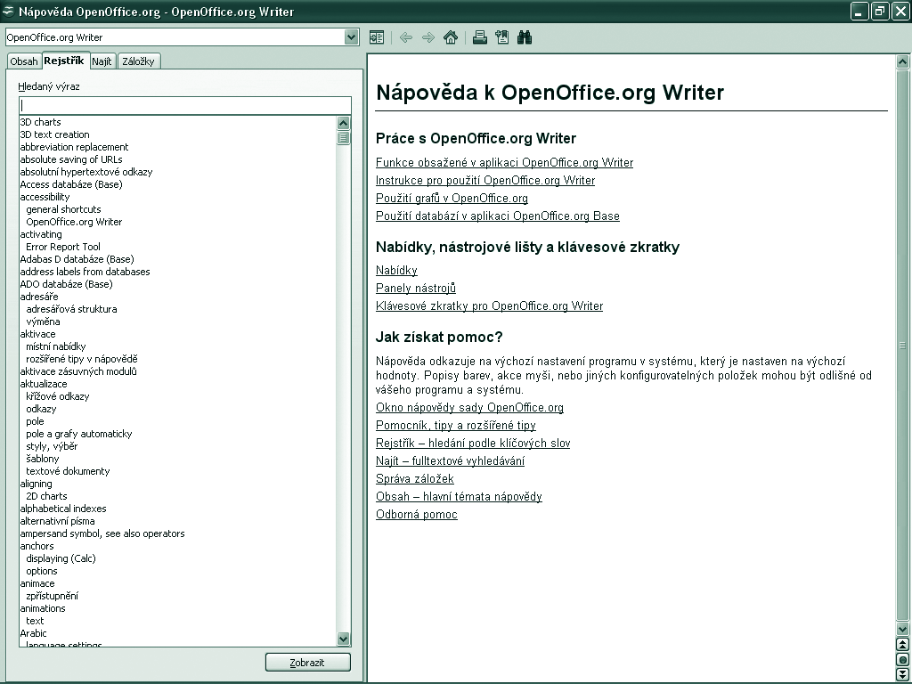 V levém horním rohu dialogu naleznete tlačítka pro práci s nápovědou a políčko pro vyhledávání klíčových výrazů.