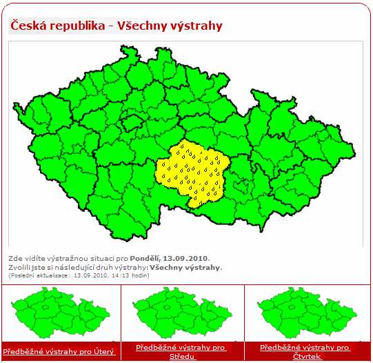 Mapa ČR a její využití Mapa Na úvodní stránce se zobrazuje mapa České republiky, na které v případě nepříznivého počasí budou barevně znázorněny stupně výstrahy u jednotlivých oblastí.