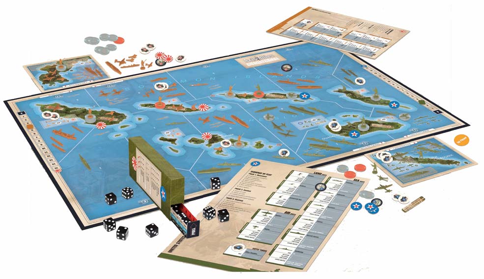 Herní součásti 1 hrací plán 1 pravidla hry 1 úložná krabice 1 battle box 12 kostek 2 karty základen (Rabaul a Nová Kaledonie) 1 žeton začínajícího hráče 85 herních komponent Spojenců (zelené): 6
