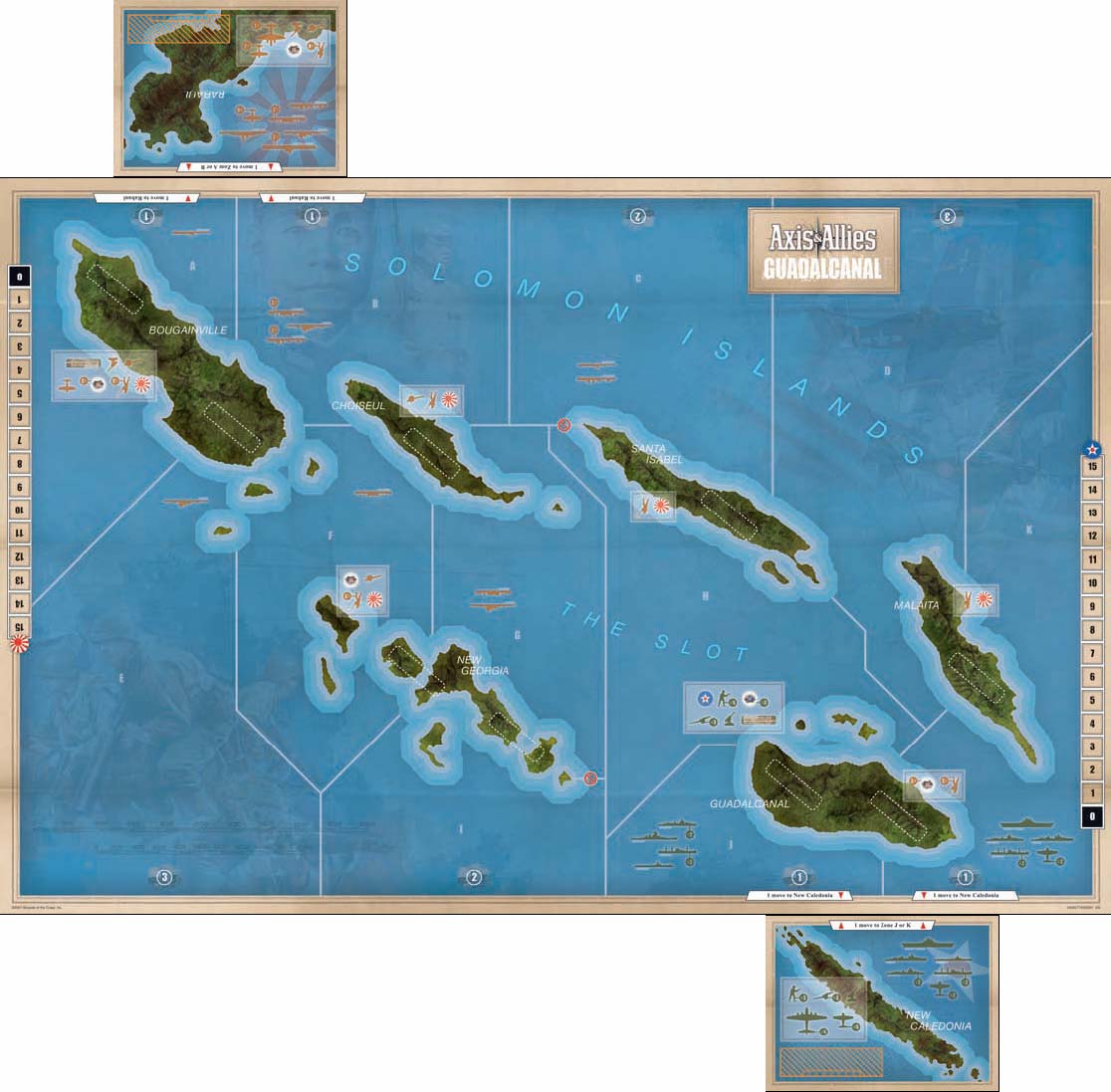 Podrobný popis herních komponent Hrací plán Hlavní hrací plán představuje mapu Šalamounových ostrovů v Jižním Pacifiku.