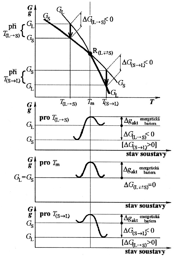 (a) (b) (c) Obr. 5-1 (b) ukazuje, že při teplotě T L S je příznivý termodynamický předpoklad pro uskutečnění krystalizace.