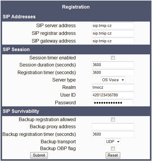 4. Zobrazí se následující okno, ve kterém lze zadat potřebné údaje pro registraci telefonu.